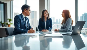 Khách hàng tìm hiểu thông tin bảo hiểm tại https://luatbaohiem.edu.vn trong một văn phòng hiện đại.