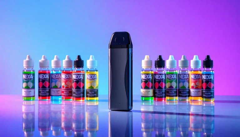 NEXA Ultra 50000 Puffs disposable vape showcased with colorful e-liquid bottles.