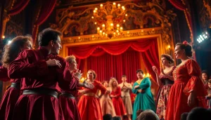 Actors passionately performing at firelight theater during a memorable live show.