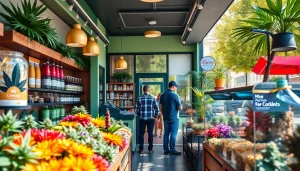 Customers enjoying their experience at weed shops with vibrant displays and welcoming staff.