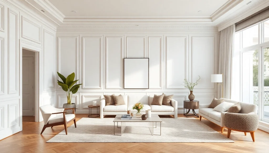 Enhance your space with elegant white paneling in a modern living room setting.