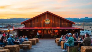 Captivating firelight barn photos depicting lively guests enjoying BBQ at a vibrant outdoor theater scene.