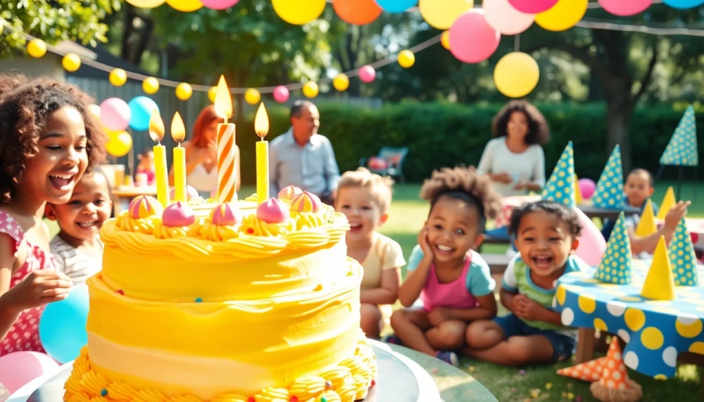 Celebrate birthday parties with kids enjoying games and a vibrant cake centerpiece.