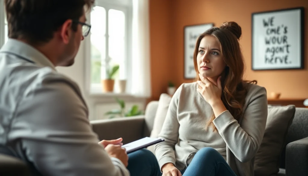 Therapist assisting a client with anxiety in a calm office setting for support.