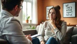 Therapist assisting a client with anxiety in a calm office setting for support.
