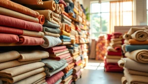 Ongebleekt katoen met verschillende texturen en kleuren in een stoffenwinkel.