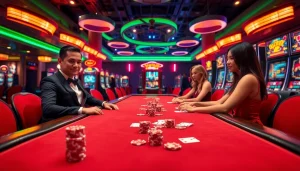 Engaging live dealer experience with vibrant slots in a bustling casino.
