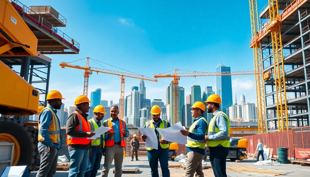 Collaborative team of Manhattan Commercial General Contractor professionals overseeing a bustling construction project.
