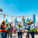 Collaborative team of Manhattan Commercial General Contractor professionals overseeing a bustling construction project.