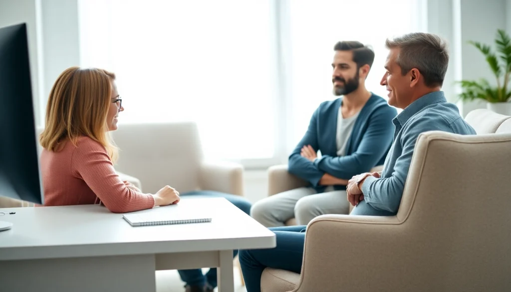 Empathetic relationship coach facilitating a session with a couple in a bright office setting.