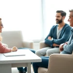 Empathetic relationship coach facilitating a session with a couple in a bright office setting.