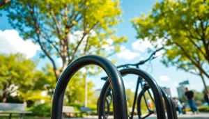 Showcasing a designer bike rack with modern design, surrounded by greenery in a vibrant park setting.