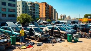 Organized auto złom Katowice yard with workers and vehicles showcasing dismantling process.