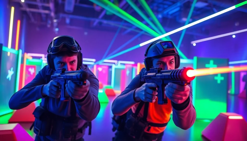 Players engaged in laser tag action showcasing vibrant tactical gear in a colorful arena.
