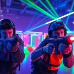 Players engaged in laser tag action showcasing vibrant tactical gear in a colorful arena.