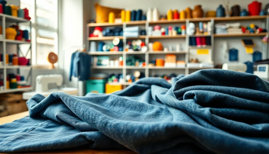 Show denim fabric samples from jeans fabric manufacturers displayed in a textile studio setting.