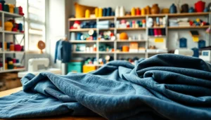 Show denim fabric samples from jeans fabric manufacturers displayed in a textile studio setting.