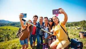 Group of friends using a Selfie Stick for a fun outdoor photo.