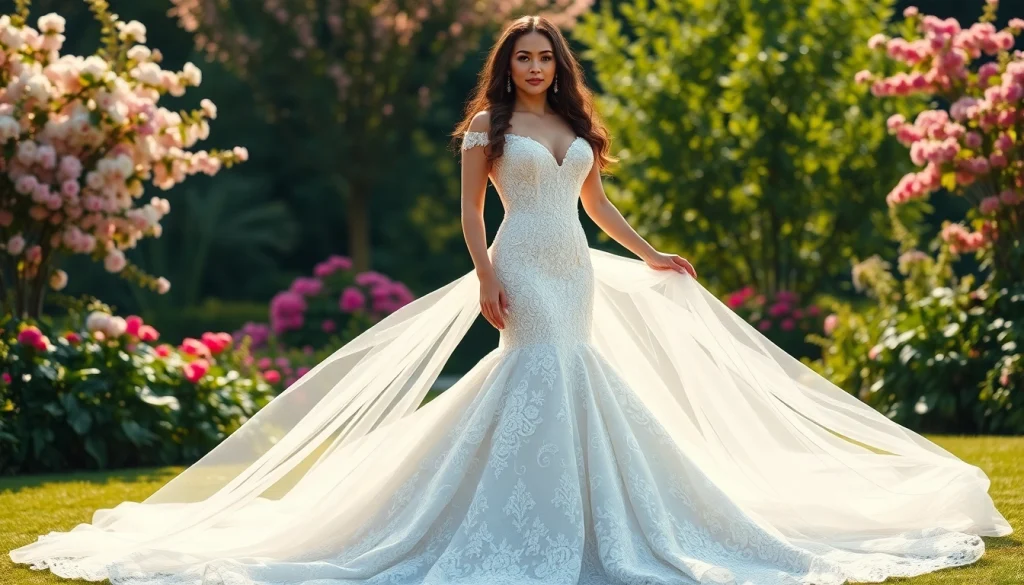 Admire a beautifully crafted mermaid wedding dress with elegance and lace detailing.
