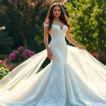 Admire a beautifully crafted mermaid wedding dress with elegance and lace detailing.