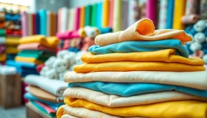 Voorkeurskeuze katoenstoffen in een kleurrijke stoffenwinkel, met nadruk op textuur.