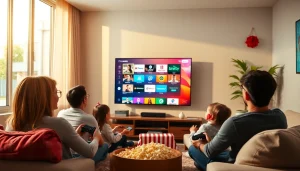 Comprar IPTV en un salón moderno con un televisor inteligente y ambiente acogedor.