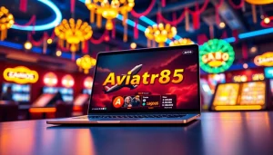 Engaging Aviator Fire85 game displayed on a laptop in a lively casino environment.