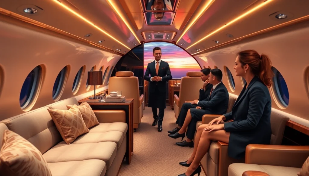 Experience ultra luxury private aviation with a lavish jet interior showcasing elegance and comfort.