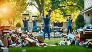Efficient junk removal near me team decluttering a yard with enthusiasm and teamwork.
