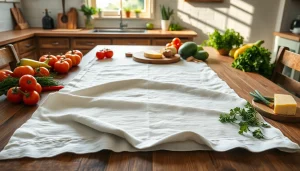 Kaasdoek met verse groenten en kruiden op een houten tafel tonen.