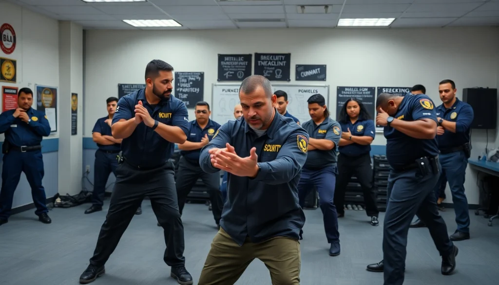 Trainers engage in practical exercises at Buffalo Security Guard School, emphasizing professional security skills.