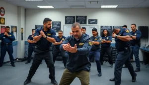 Trainers engage in practical exercises at Buffalo Security Guard School, emphasizing professional security skills.