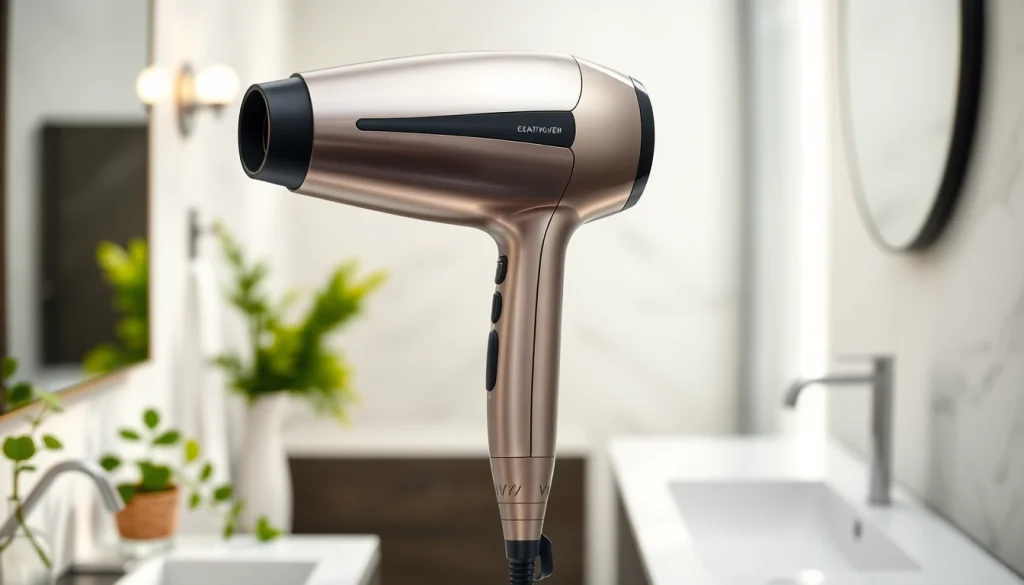 Using the best blow dryer for a sleek, professional look in an elegant bathroom.
