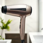 Using the best blow dryer for a sleek, professional look in an elegant bathroom.