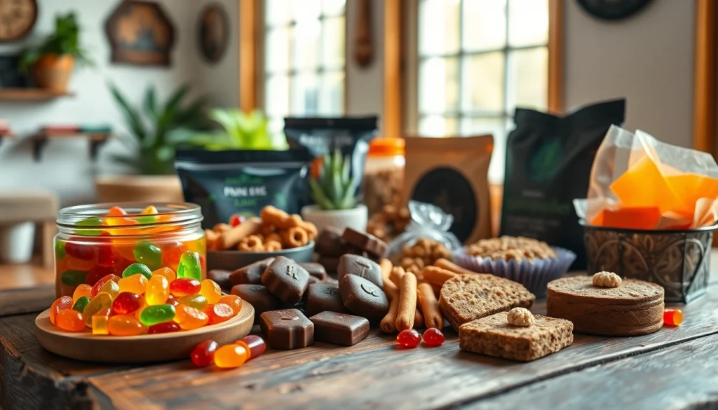 Showcase diverse wholesale CBD edibles including gummies and chocolates on a rustic table.