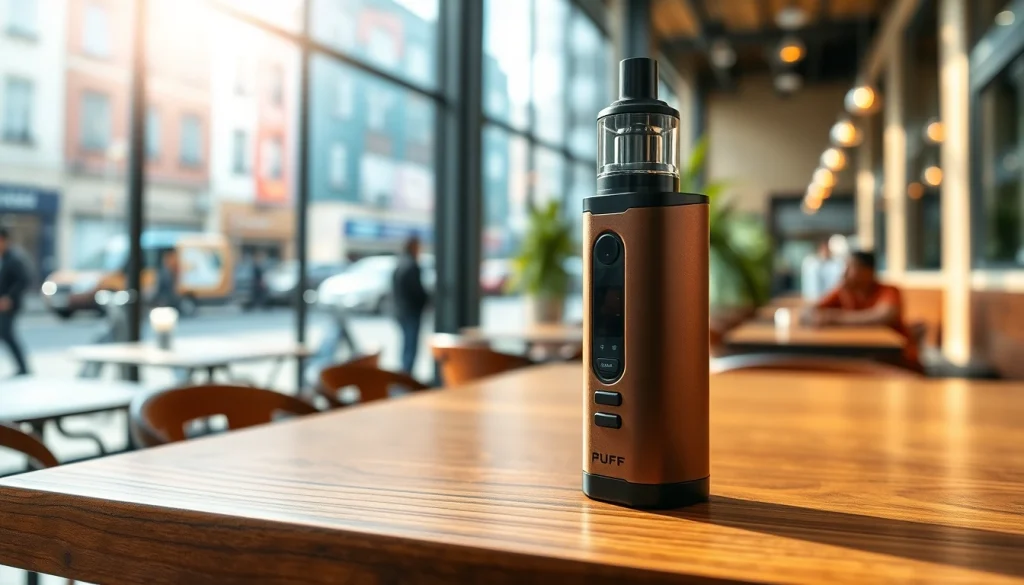 Experience a puff vape device prominently displayed in a vibrant café setting.