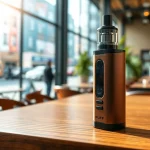 Experience a puff vape device prominently displayed in a vibrant café setting.