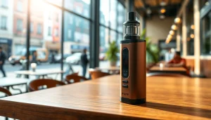 Experience a puff vape device prominently displayed in a vibrant café setting.
