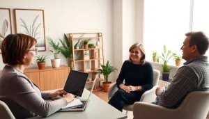 Engaging relationship coach guiding a couple in a professional environment.