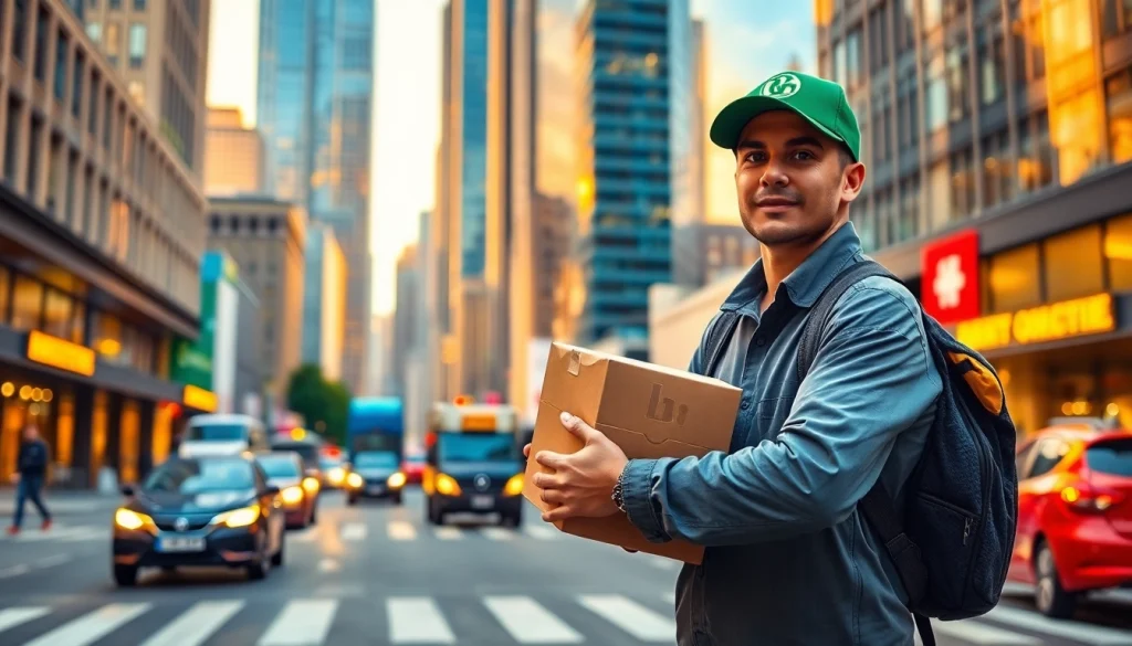 Delivering courier services with a professional courier in an urban city landscape.