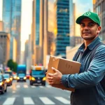 Delivering courier services with a professional courier in an urban city landscape.