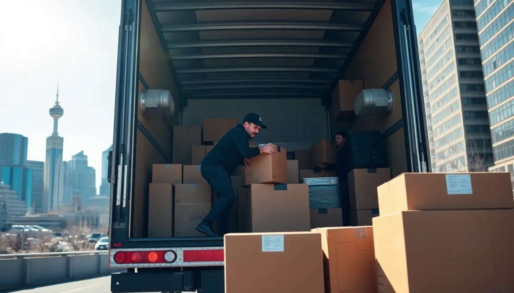 Movers calgary loading boxes into a truck with the Calgary skyline in the background.