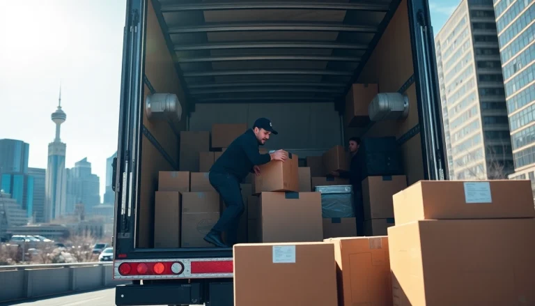 Movers calgary loading boxes into a truck with the Calgary skyline in the background.
