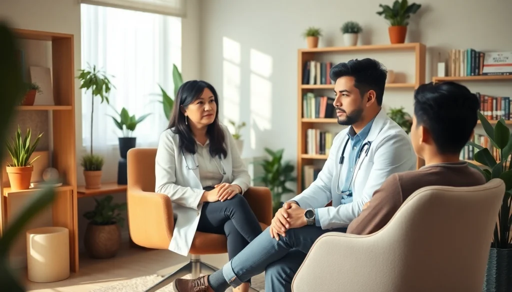 Psychiatrist listening actively to a patient in a warm and inviting consultation room.
