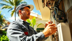 Engaged electrician apprenticeship hawaii in a bright Hawaiian home, focusing on wiring.