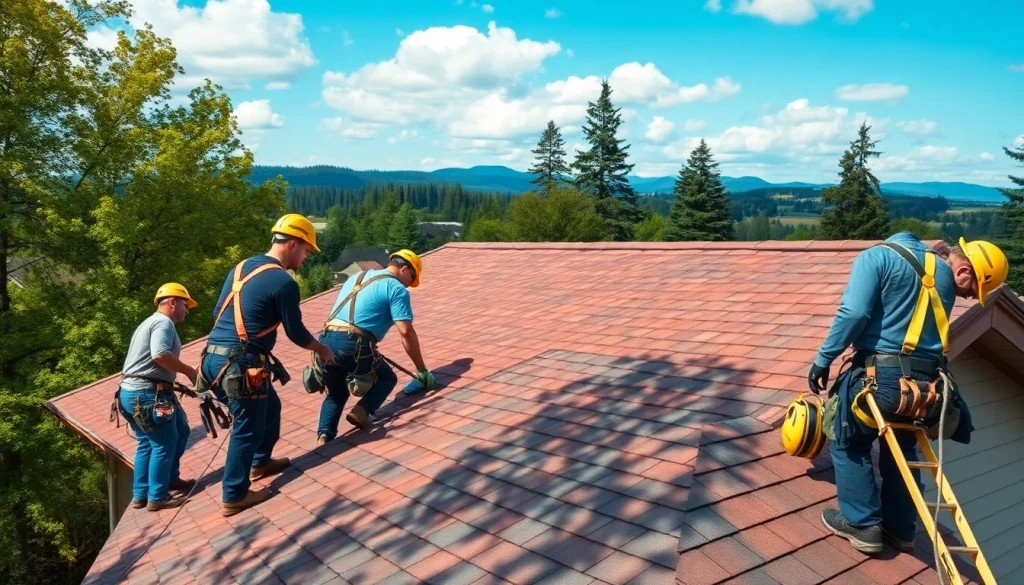 Roofing Replacement Tigard Oregon service with professionals installing new shingles on a home.