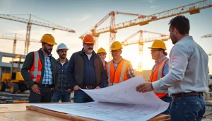 Southern California contractors association team discussing plans at a vibrant construction site.