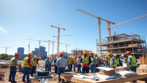 Austin construction site displaying skilled workers and modern equipment collaborating to build a sustainable structure