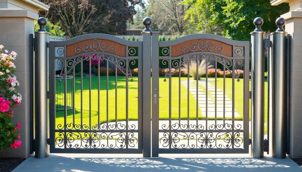 Custom steel gates enhancing a modern garden setting with intricate design features.