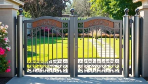 Custom steel gates enhancing a modern garden setting with intricate design features.